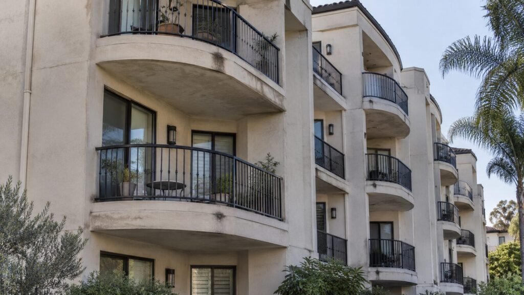 Stucco condo balconies with iron railings and water staining on the soffits before an SB 326 inspection