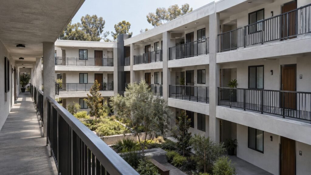 Open exterior walkways and balconies around a condo courtyard, both covered by an SB 326 inspection