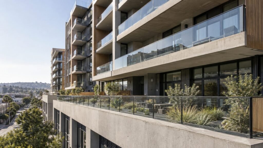 Glass-railed balconies on a modern condominium building, the kind of HOA property that schedules an SB 326 inspection
