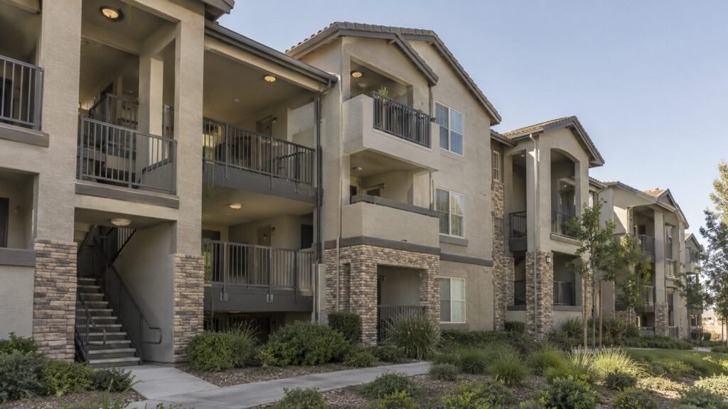 Three-story stucco condos with metal balcony railings and exterior stairs, a typical Sacramento SB 326 inspection site