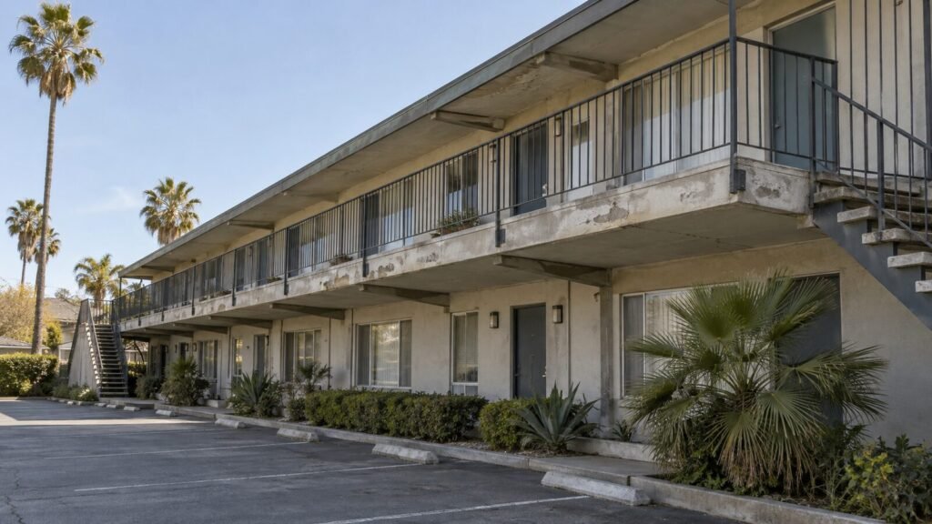 Aging apartment walkway with peeling stucco fascia and metal railings, the deterioration an SB 721 inspection flags