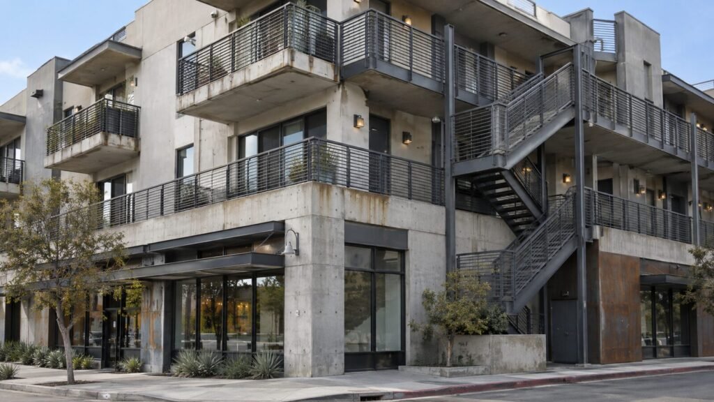 Three-story concrete apartment building with metal balconies and an exterior steel stair, subject to SB 721 inspection
