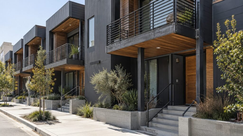 Row of modern townhomes with cantilevered wood-and-steel balconies and entry stairs, reviewed for SB 721 inspection