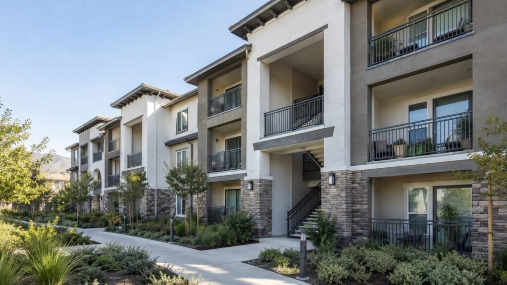 Three-story stucco apartment complex with balcony railings and a breezeway stair, covered by SB 721 inspection in Sacramento