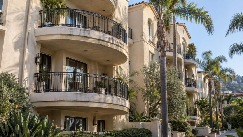 Curved stucco balconies with iron railings on a three-story Mediterranean apartment building due for SB 721 inspection
