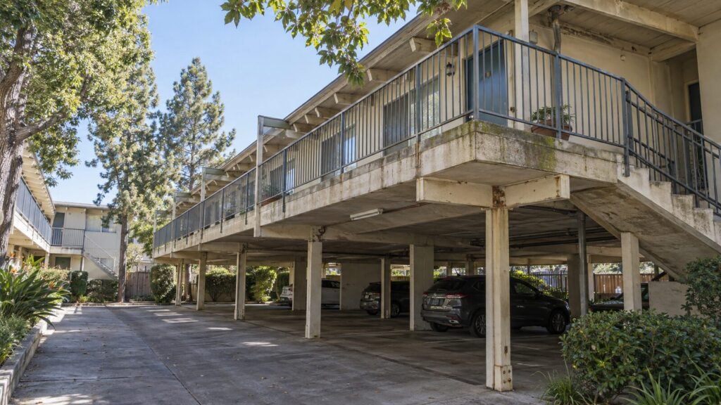 Second-floor apartment walkway over tuck-under parking with rust-stained posts and beams targeted by SB 721 inspection