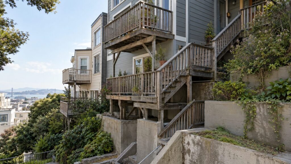 Weathered wood decks and exterior stairs on a steep San Francisco hillside, elements covered by Section 604 inspection