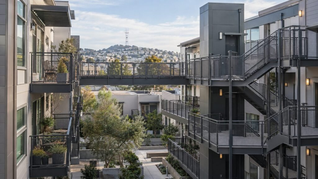 Exterior metal stairs and walkways on a San Francisco apartment complex, all covered by Section 604 inspection