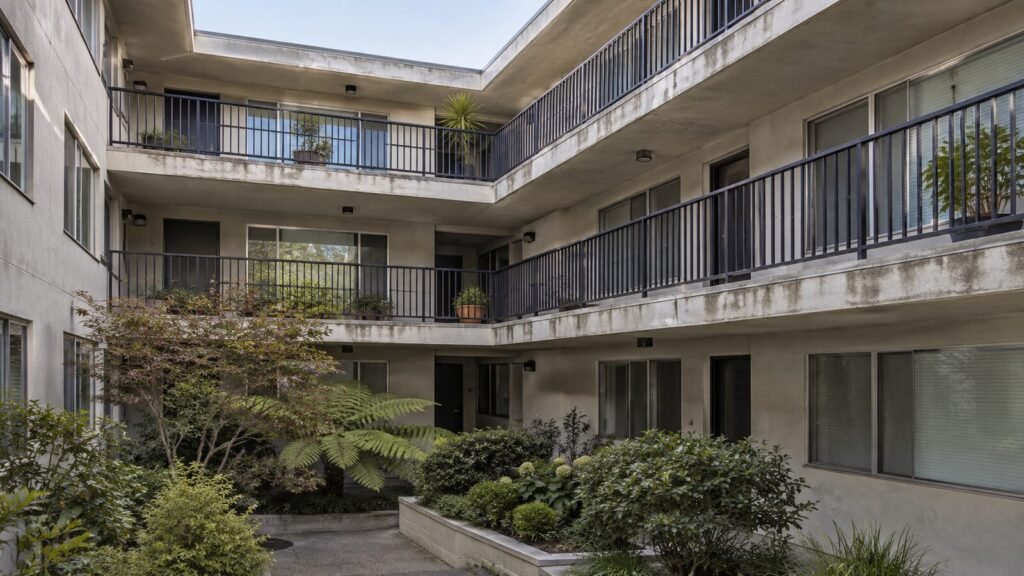 Dark water staining on open-air walkway balconies of a three-story apartment building, a Section 604 inspection finding