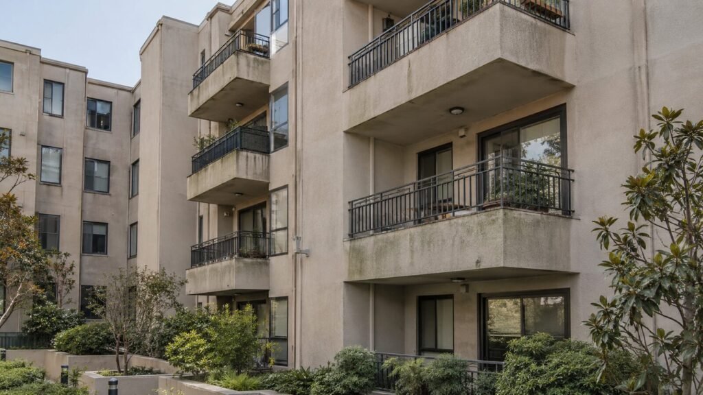 Water staining under stacked concrete balconies on a four-story apartment building, a Section 604 inspection concern