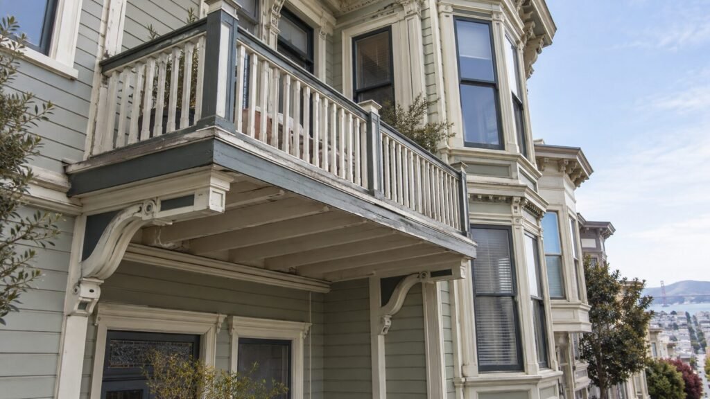 Peeling paint on a Victorian wood balcony in San Francisco, the kind of wear a Section 604 inspection documents