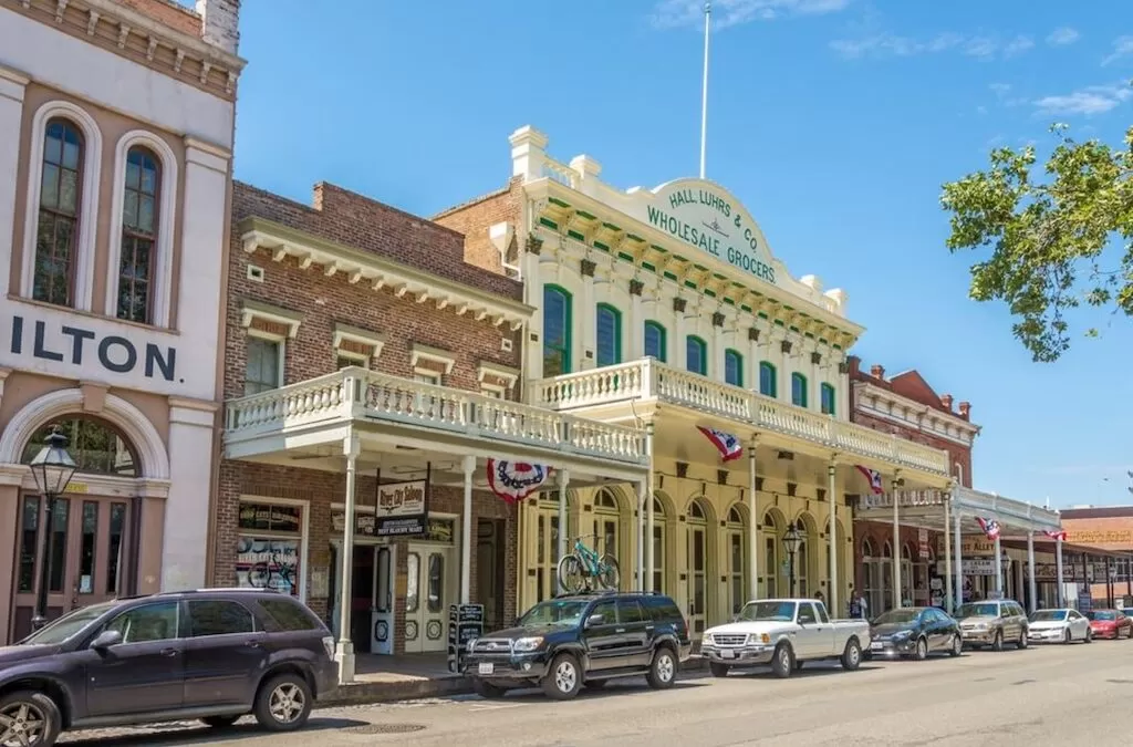Historic 19th-century Sacramento-area commercial buildings with wood balconies and verandas — local context for ABD Inspections deck and balcony service in Rancho Cordova, CA