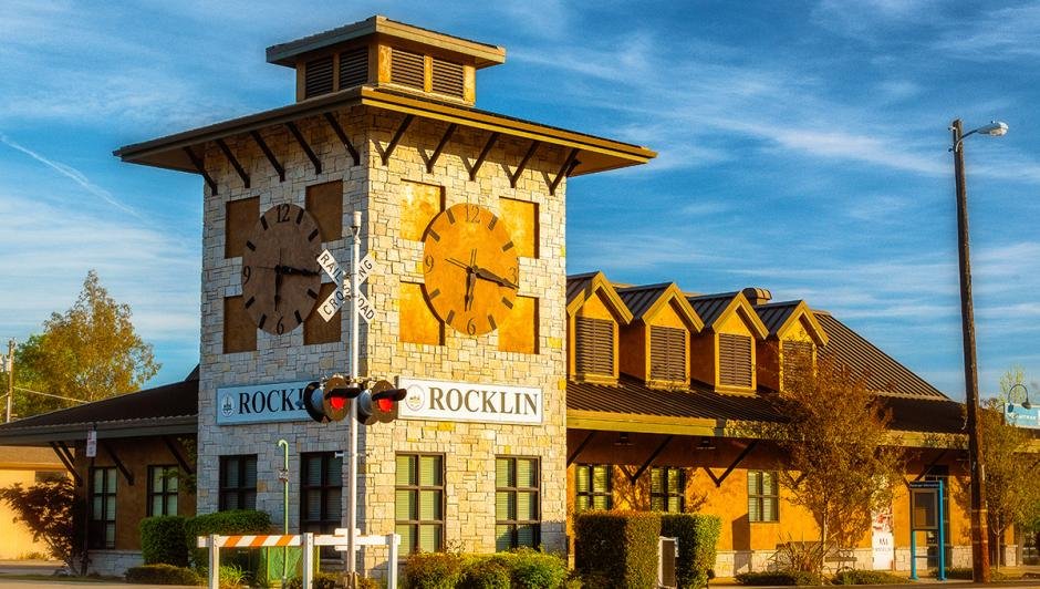 Historic Rocklin Train Depot clock tower in Rocklin, CA — landmark in ABD Inspections Placer County deck and balcony service area