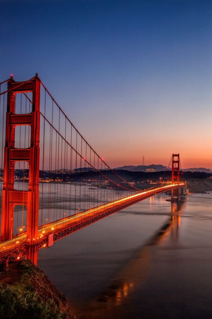Golden Gate Bridge at dusk viewed from the Marin Headlands toward San Francisco — landmark in ABD Inspections Bay Area deck and balcony service area for SB 721 and SB 326