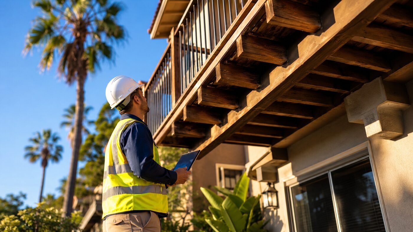 Licensed inspector examining an elevated wood balcony during an SB 721 inspection in California