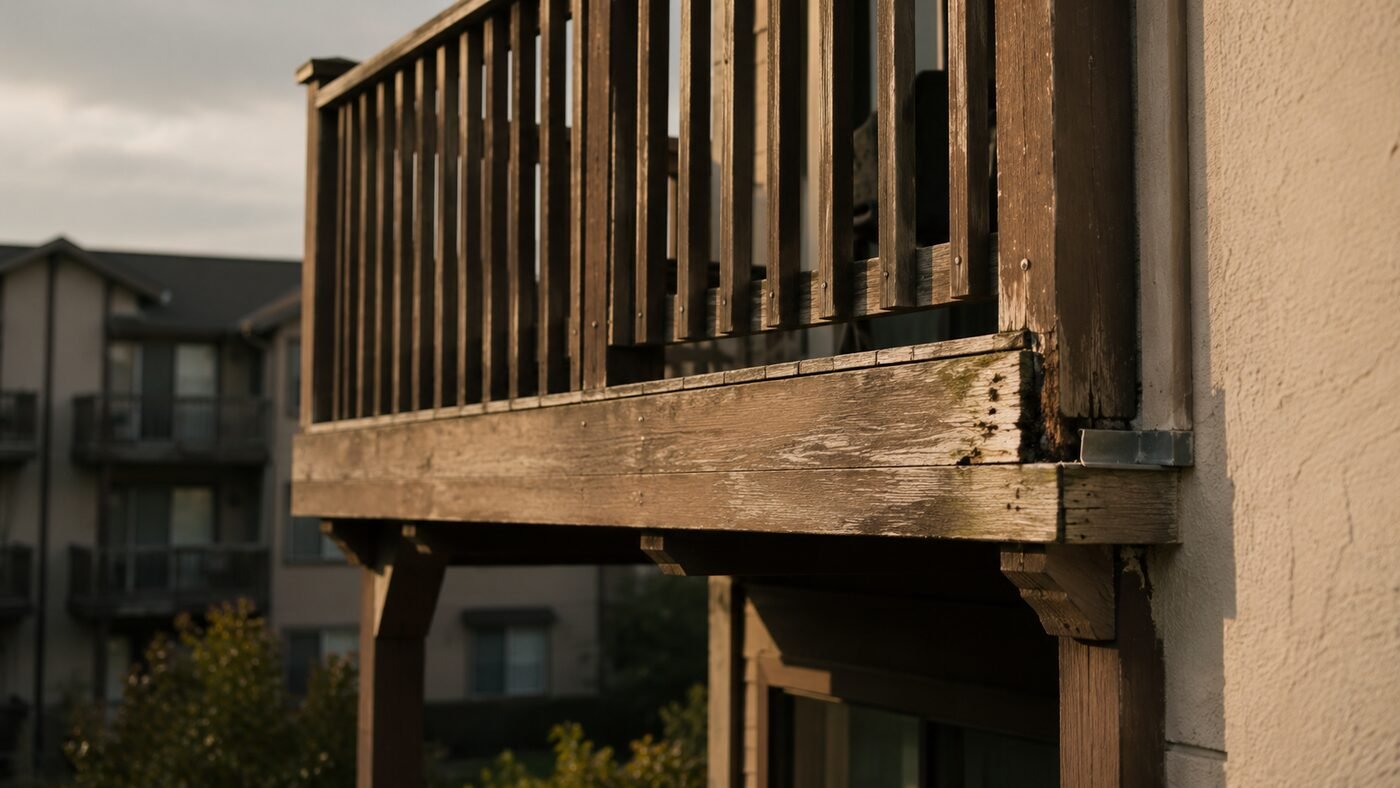 Weathered wood balcony framing showing the concealed decay that led to California's balcony inspection laws