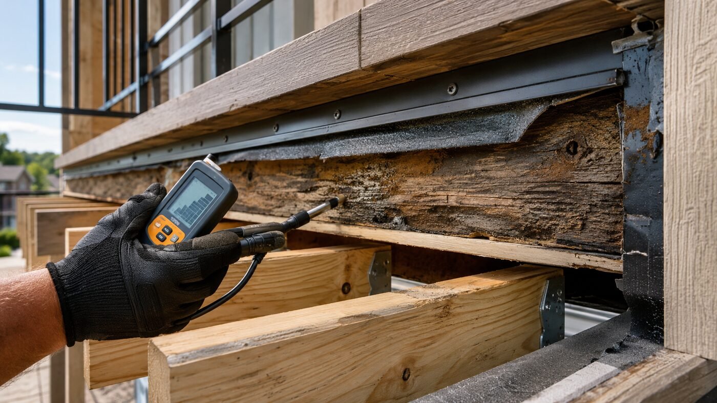 Inspector using a moisture meter on an exposed balcony ledger to check for hidden dry rot