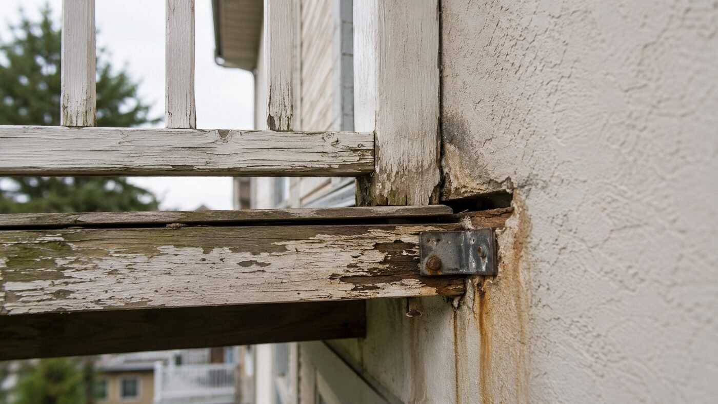 Close-up of peeling paint and soft, decayed wood on a balcony — warning signs to watch between inspections