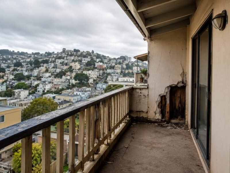 Weathered apartment balcony with peeling paint and dry rot at the wall corner beside a sliding glass door, overlooking a California hillside neighborhood