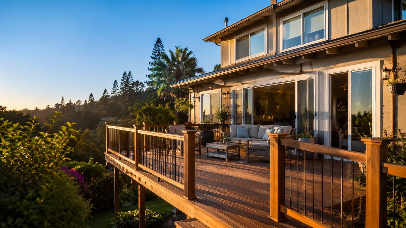Home inspector reviewing an elevated wood deck against a structural inspection checklist