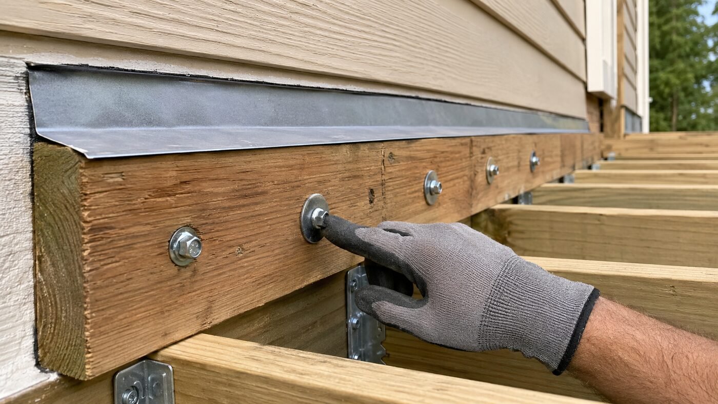Deck ledger board and flashing where the deck attaches to the house