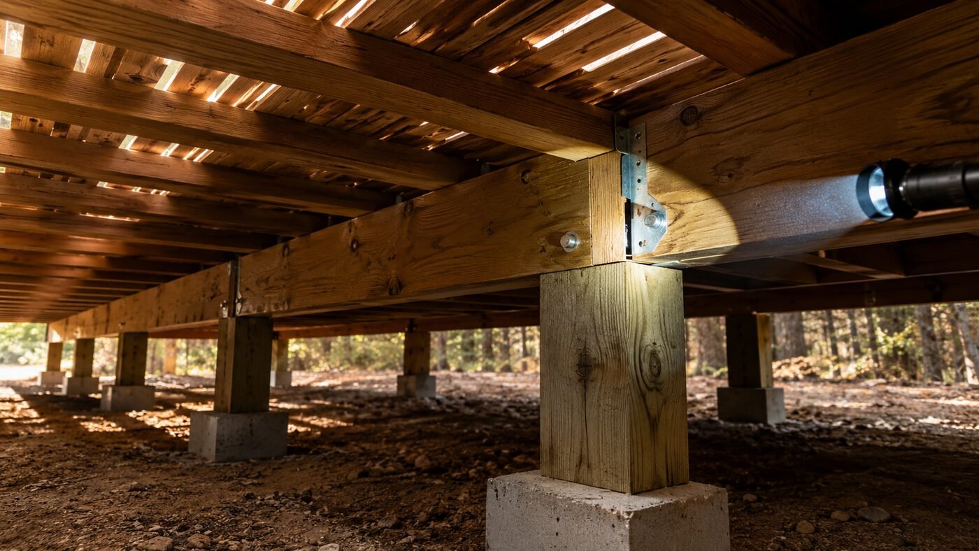 Underside of an elevated deck showing joists, beams, and post connections