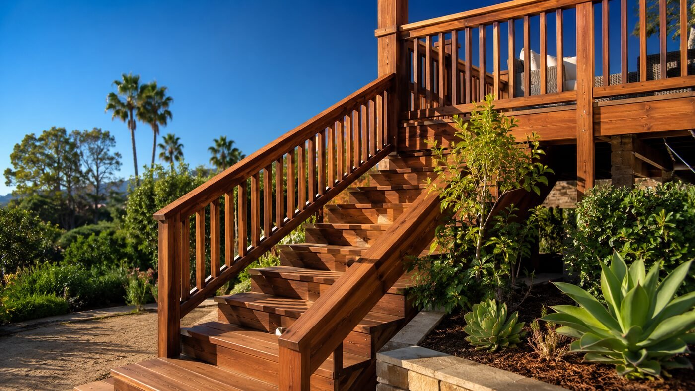 Deck guardrail and stairs being checked for safety and stability