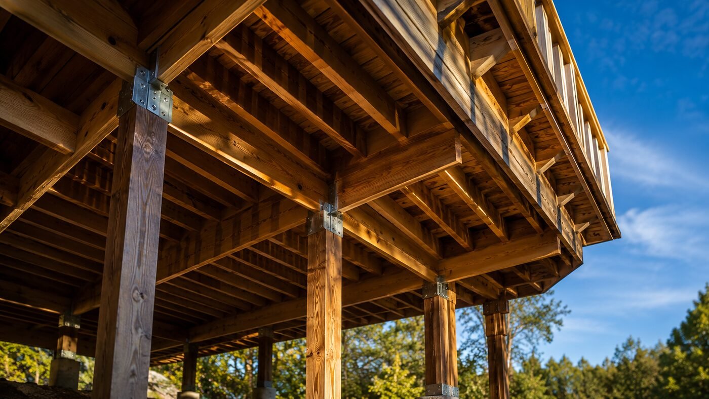 Inspector examining the underside framing of an elevated wood deck for hidden rot
