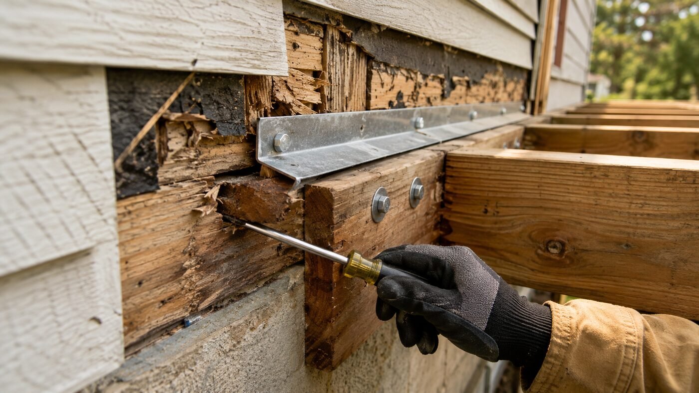 Deck ledger connection being inspected for rot and proper flashing