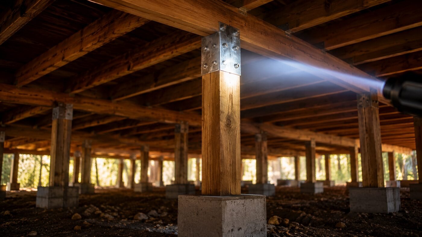 Deck beams and support posts checked for decay and secure connections