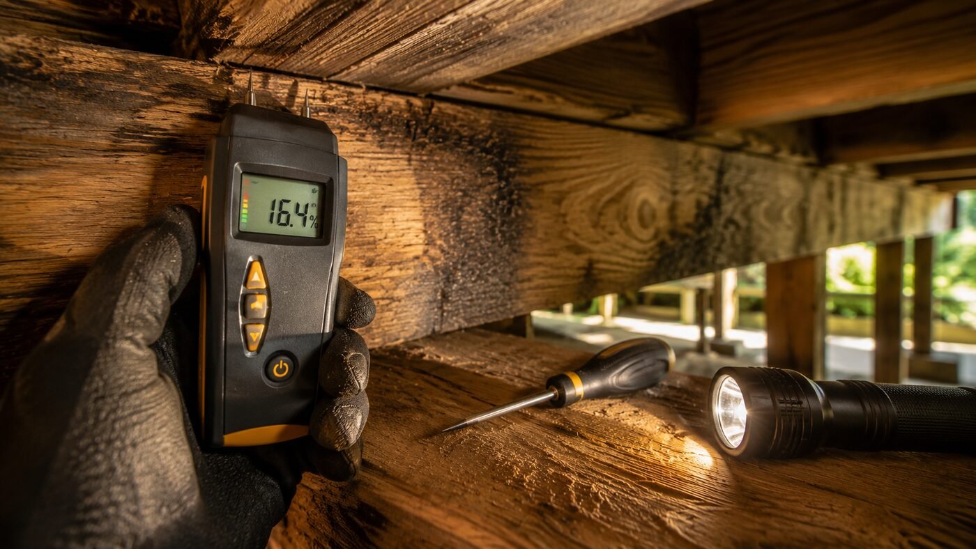Inspector using a probe and moisture meter to assess deck framing