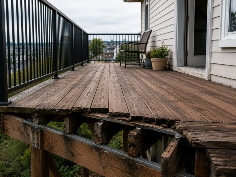 Elevated wood deck edge showing weathered decking boards and the supporting joist and beam framing beneath, with a black metal guard railing