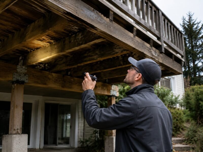 Home inspector shining a flashlight at the underside framing of an elevated wood deck, examining the beams, joists and post connections