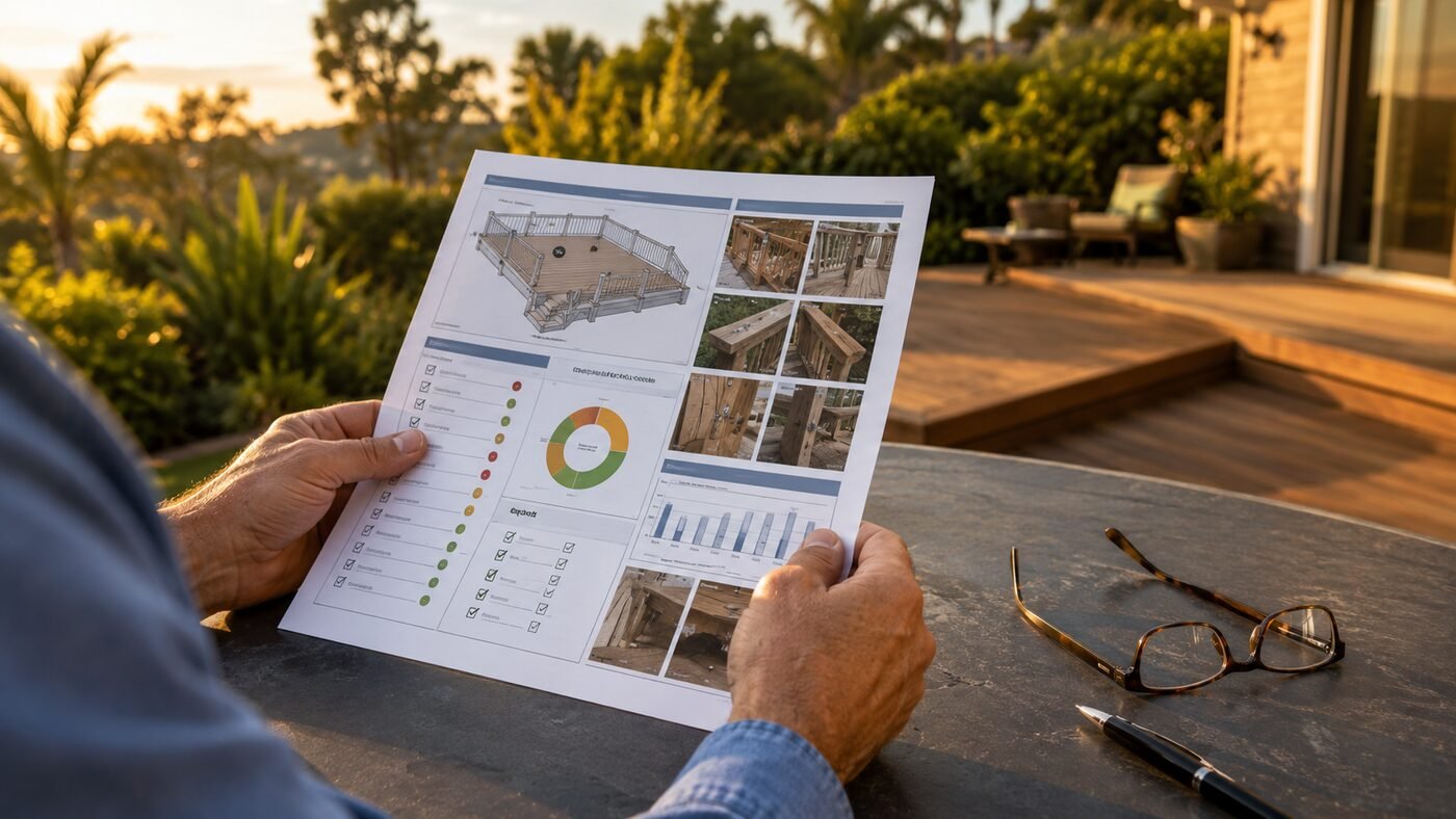 Inspector documenting deck conditions to prepare an inspection report
