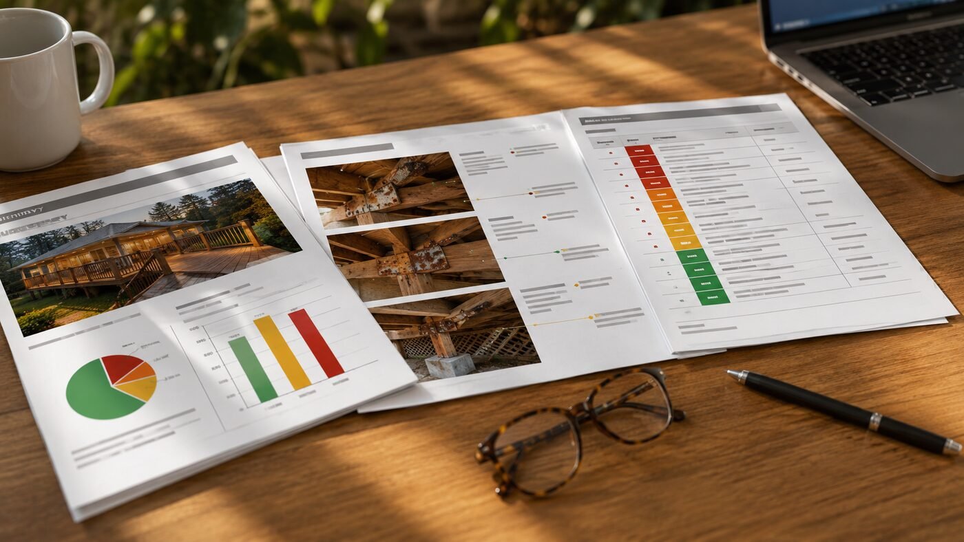 Inspector reviewing findings while preparing a professional deck inspection report