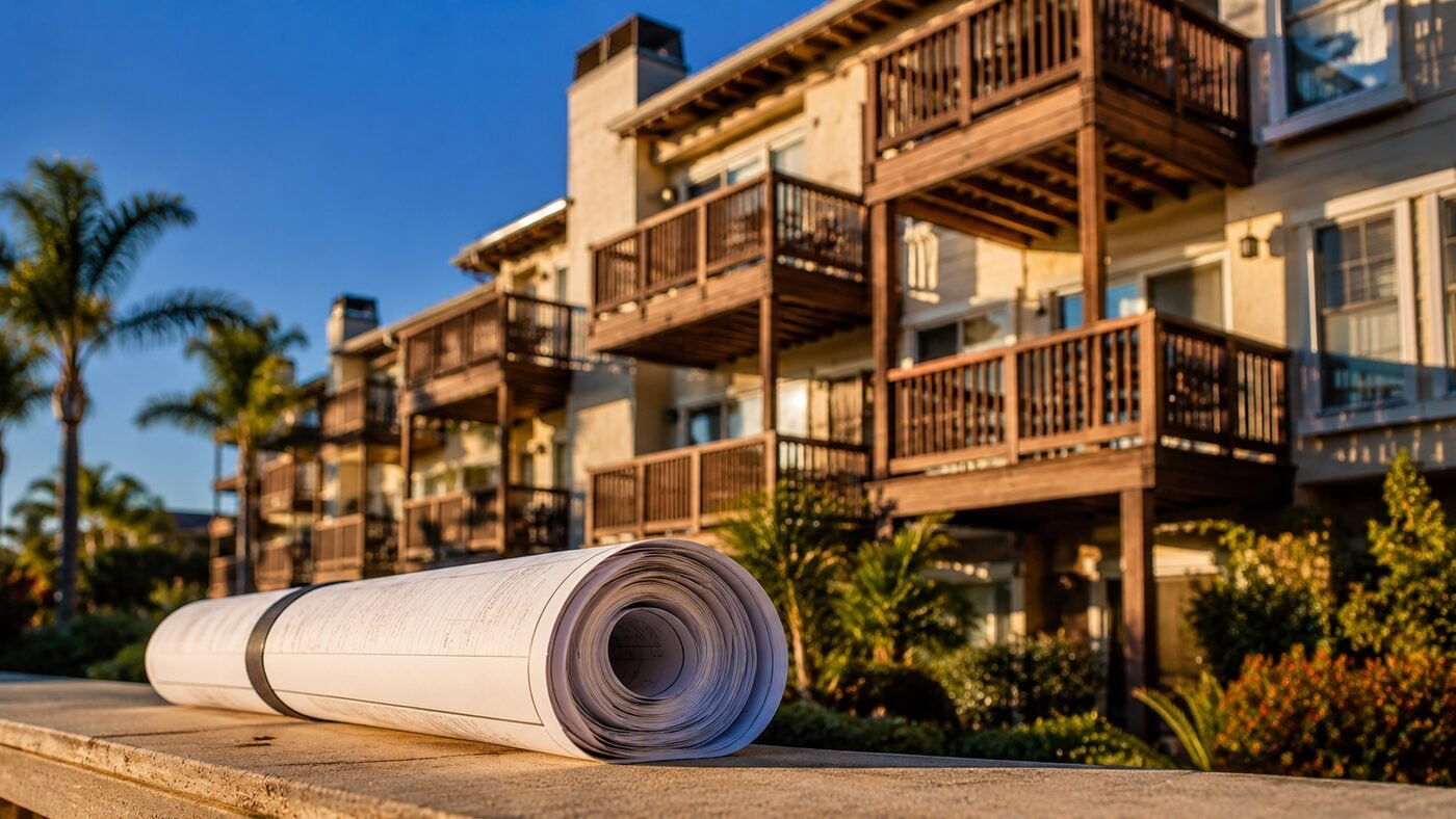 Weathered balconies on a California building subject to SB 721 and SB 326 inspection reports