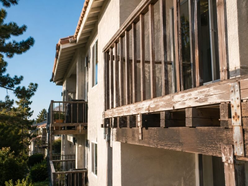 Side view of a California multi-unit apartment building with stacked weathered wood balconies and bolted framing connections, the exterior elevated elements covered by SB 721 and SB 326