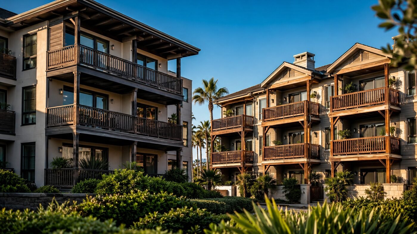 Weathered wood balconies on a California multifamily building subject to SB 721 and SB 326