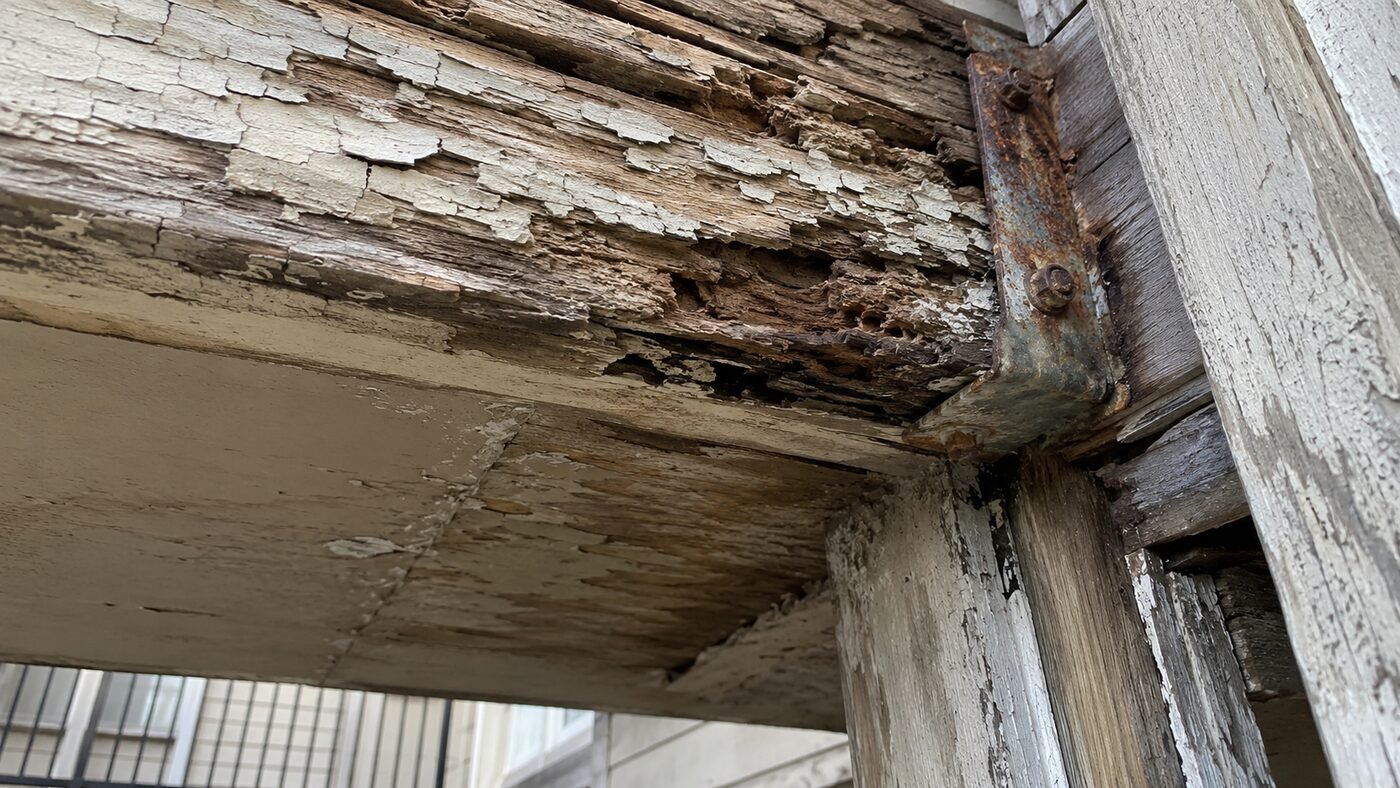 Close-up of a dry-rotted balcony beam and rusted bracket — the hidden damage both laws target
