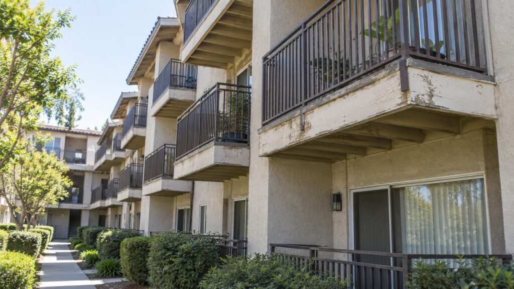 Row of stacked apartment balconies along a walkway, typical scope of a multi-unit balcony inspection in Sacramento