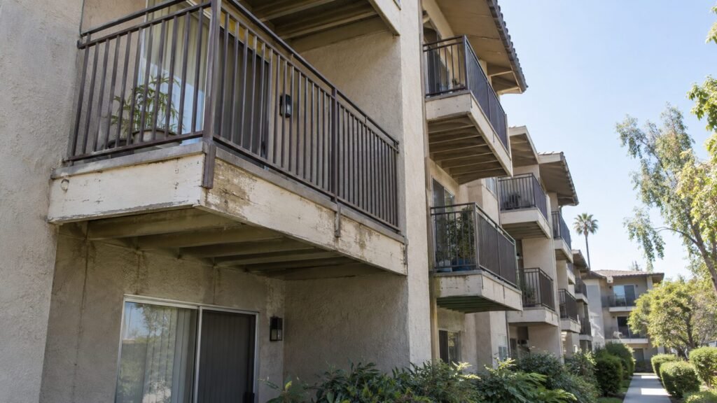 SB 721 balcony inspection view: cantilevered apartment balcony with peeling fascia and exposed joists in Sacramento