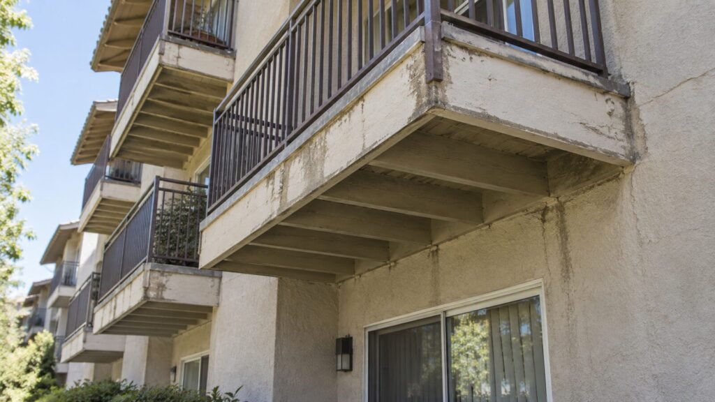 Underside of a cantilevered apartment balcony showing the wood joists checked during an SB 721 balcony inspection