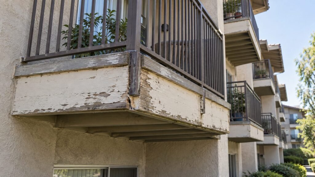 Peeling paint and weathered wood on an apartment balcony fascia, a red flag found during a balcony inspection