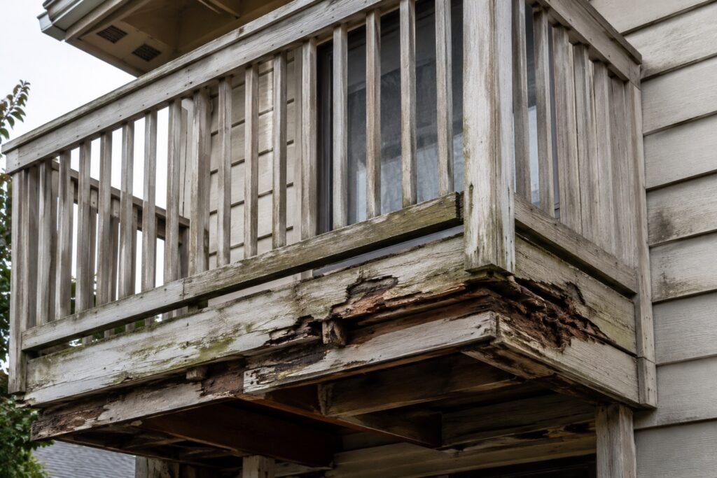 Cantilevered wood balcony with a weathered guardrail and dry rot in the rim joist and decking — the concealed damage a balcony inspection uncovers