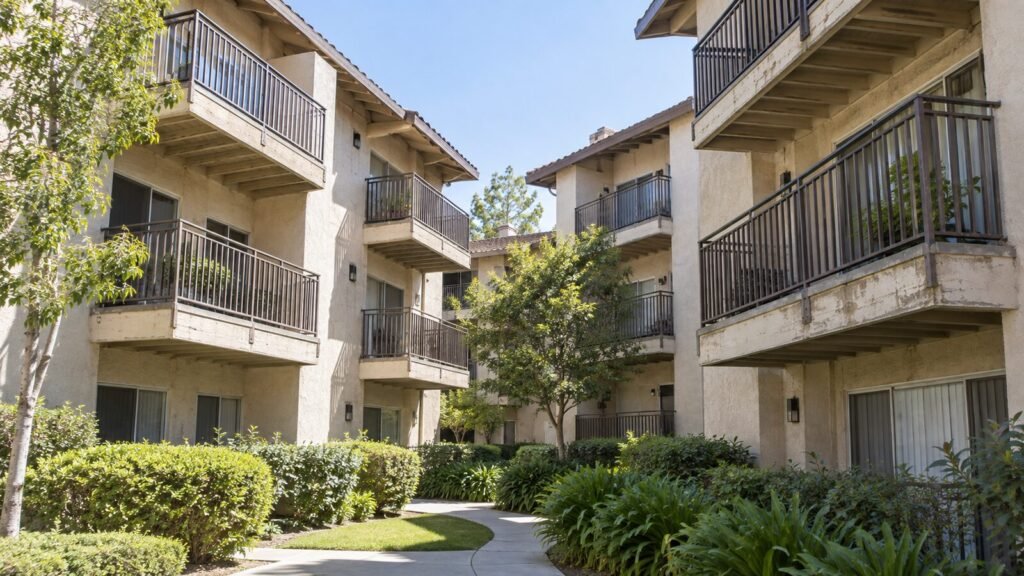 Three-story Sacramento apartment community with wood-framed balconies that fall under an SB 721 balcony inspection
