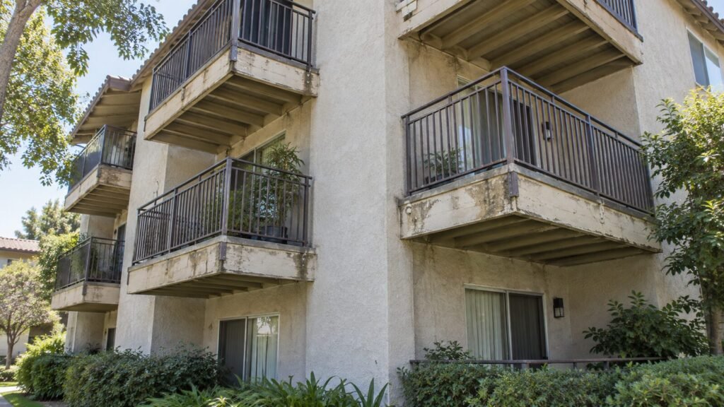 Stacked wood-framed balconies on the corner of a stucco apartment building, the kind covered by an SB 721 balcony inspection