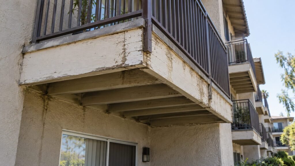 Water staining and peeling paint under a cantilevered apartment balcony, documented in a balcony inspection