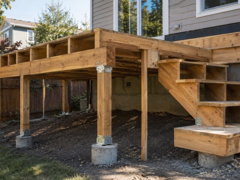 New deck framing on posts set in concrete footings, with joists and stair stringers exposed before the decking goes down