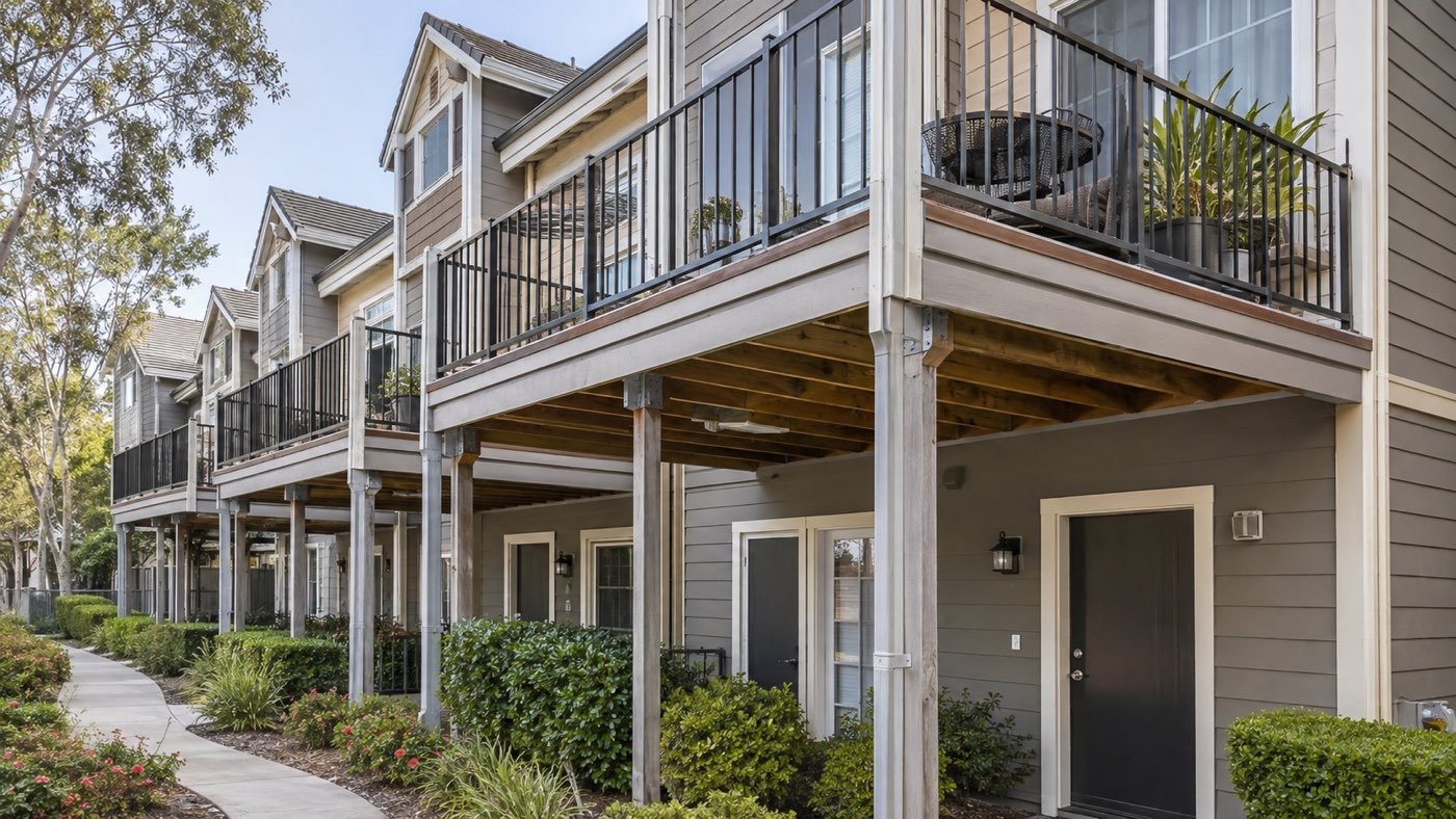 Balconies supported on posts along a row of California townhomes