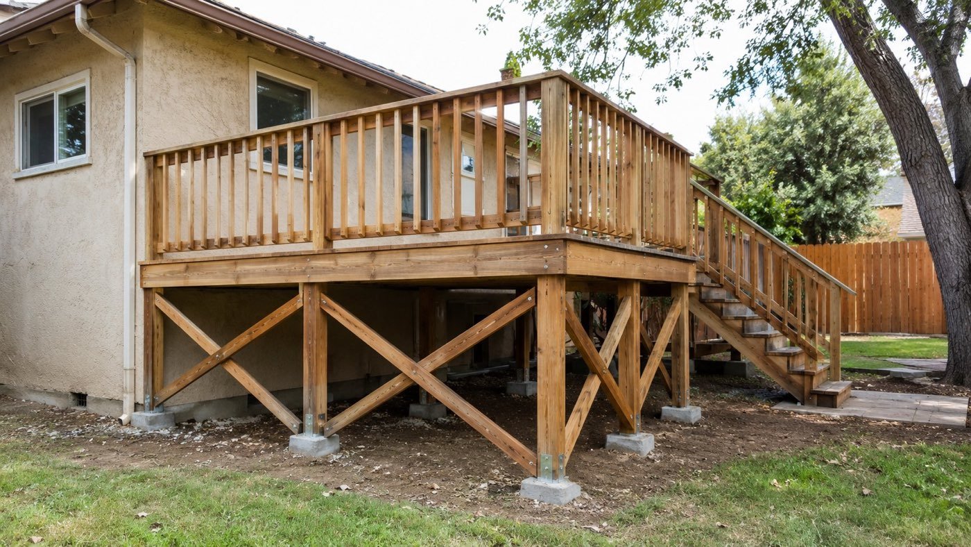 Elevated wood deck with cross-bracing between posts and concrete pier footings